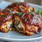 A close-up of Crispy Baked Bone-In Chicken Thighs reveals smoky paprika seasoning on perfectly crisp, golden skin ready for a weeknight dinner.