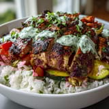 Sliced blackened chicken bowl topped with zesty lime crema, cilantro, and lime wedges on a fork.