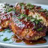 Golden baked chicken thighs glazed with sweet honey garlic sauce, served on a rustic white plate with fresh parsley garnish.