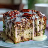 Springtime lemon and dandelion honey cake, moist and tender, served on a white plate with glaze dripping down the sides.
