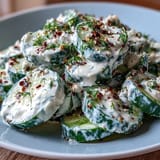 Refreshing cucumber salad with cream cheese, dill, and a savory everything bagel topping.