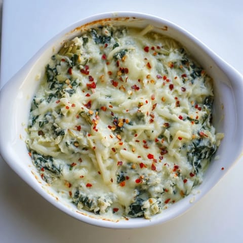 Creamy Spinach Artichoke Dip in a rustic ceramic dish, garnished with fresh spinach leaves and surrounded by crunchy tortilla chips.