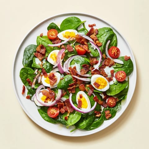 Perfectly plated Spinach Salad with Bacon featuring golden crispy bacon pieces, creamy egg slices, and vibrant greens, ready to serve as a satisfying gluten-free lunch or light dinner.