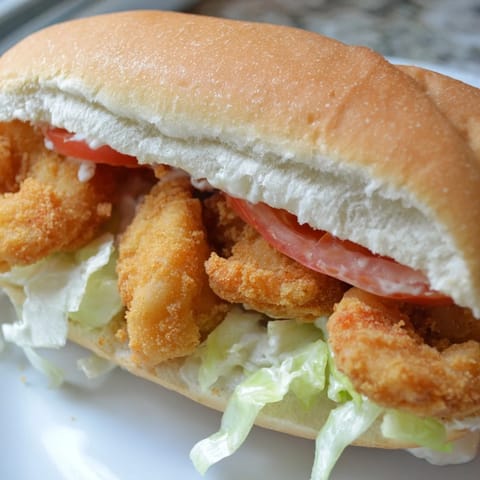 A close-up of a classic Louisiana shrimp po boy drizzled with creamy remoulade sauce. 
