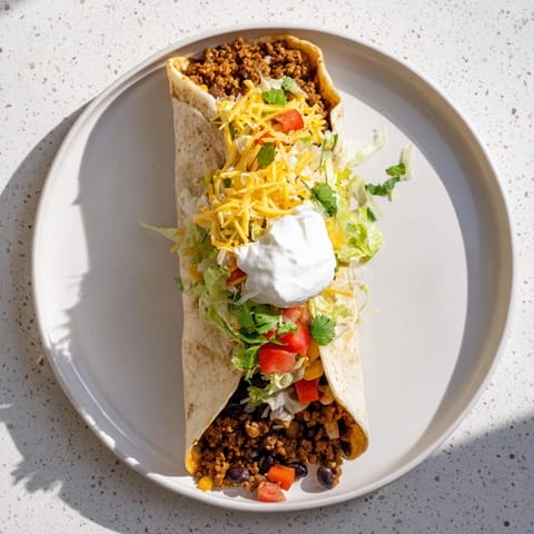 A tightly rolled large flour tortilla stuffed with Beef Burrito fillings, topped with melted cheese and fresh lettuce.