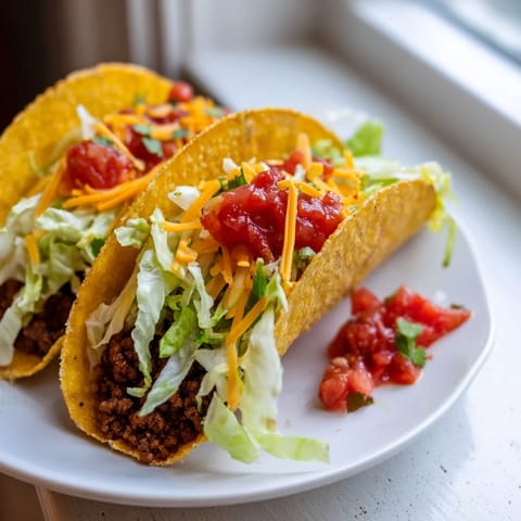 Two golden crunchy Beef Tacos topped with diced tomatoes, sour cream, and cilantro served on a rustic plate.