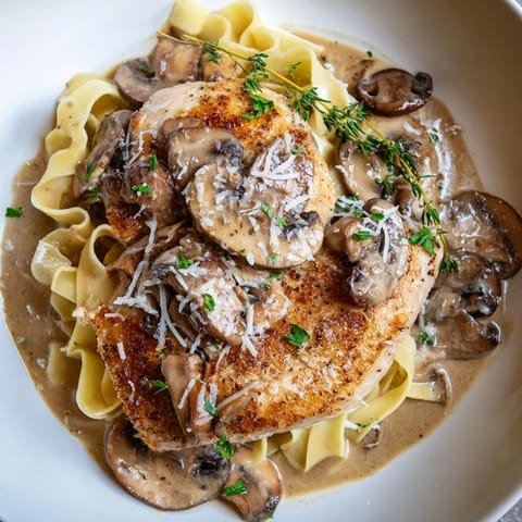 Savory Creamy Chicken Marsala served alongside tender fettuccine in a velvety Marsala cream sauce, perfect for a comforting dinner.  