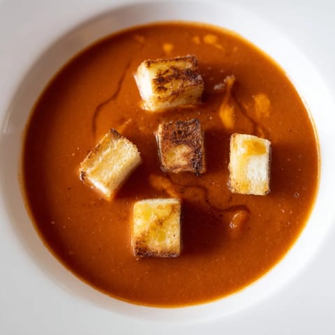 Close-up of crispy grilled cheese croutons topping creamy roasted tomato soup, steaming in a rustic bowl.