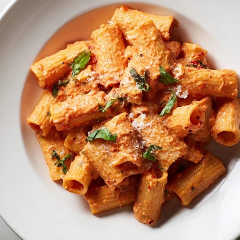 Fresh basil and grated Parmesan garnish this comforting Spicy Rigatoni Pasta, served hot alongside a glass of white wine.