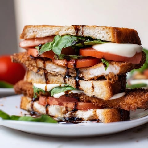 Crispy Chicken Caprese Sandwich served with ripe tomato slices and a drizzle of balsamic glaze on a rustic cutting board.  