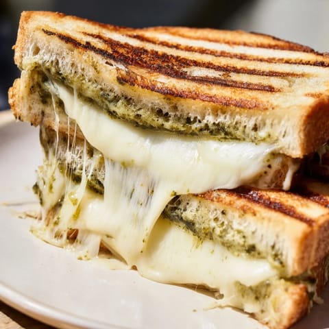 Golden-brown Sourdough Pesto Grilled Cheese slices on a plate, revealing melted mozzarella, fontina, and cheddar with fresh basil leaves.