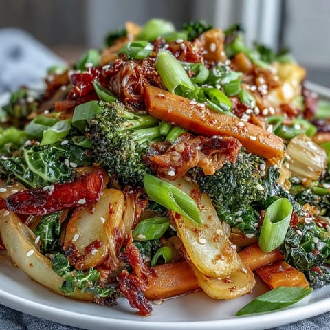Steam rises from a hearty serving of Comforting Fermented Veggie Winter Stir-Fry, topped with fresh green onions and toasted sesame seeds.