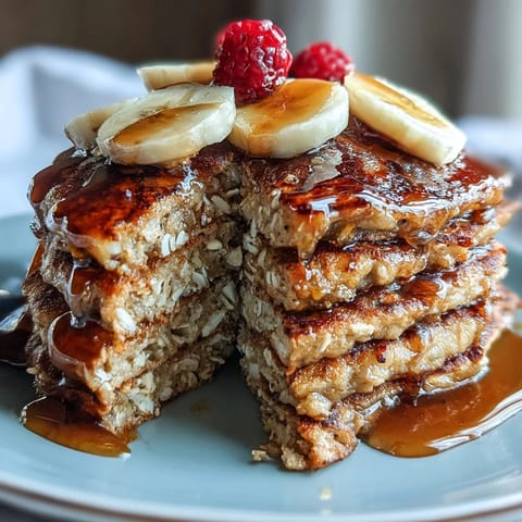 Golden-brown Banana Oat Pancakes cooking on a skillet, showing fluffy texture and bubbling edges, served with fresh bananas and a drizzle of maple syrup.  