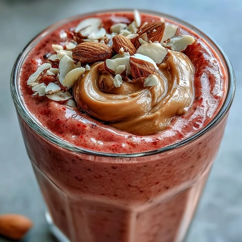 Two glasses of vibrant Cherry Almond Smoothie garnished with sliced almonds and fresh cherries on a wooden table. 