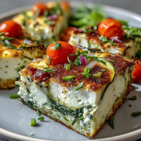 Golden-brown High-Protein Sheet Pan Eggs With Cottage Cheese and Veggies cut into squares, garnished with fresh chives on a white plate.