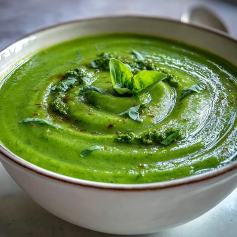 A bowl of vibrant Courgette, Pea and Pesto Soup garnished with a swirl of pesto and fresh basil leaves.