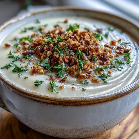Velvety celeriac soup with hazelnut crumble, garnished with parsley and drizzled with hazelnut oil, steaming beside crusty bread.