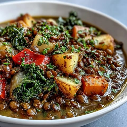 A warm bowl of Vegetarian Lentil Stew garnished with fresh parsley and lemon wedges, perfect for a cozy dinner.