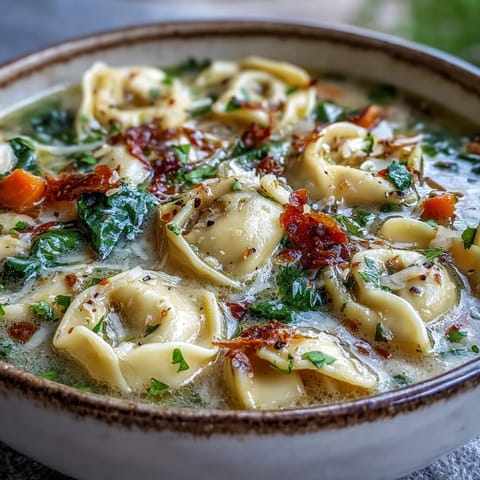 Steam rises from a cozy bowl of Easy Tortellini Soup, garnished with fresh parsley and grated Parmesan, served beside crusty artisan bread.
