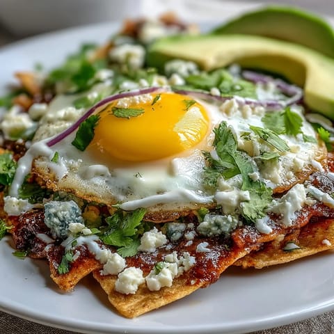 Crispy fried corn tortilla chips coated in zesty salsa verde, topped with a runny-yolk egg and crumbled queso fresco for authentic Mexican chilaquiles.