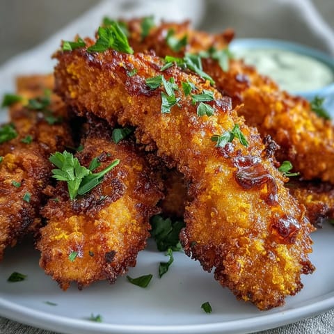 Crispy Turmeric Chicken Tenders fresh from the oven, golden-brown and steaming on a serving platter.
