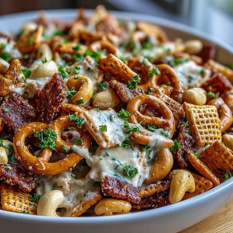 A large bowl brimming with Everything Ranch Cheese and Pretzel Snack Mix includes pretzels, cheddar crackers, cashews, and rye chips.