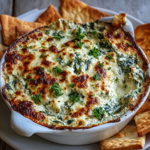 Golden bubbly Spinach Artichoke Dip in a baking dish, ready to serve with crunchy tortilla chips and sliced baguette.
