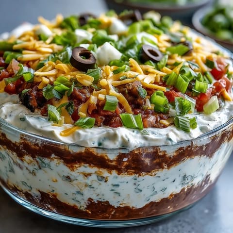 This 4-Way Layered Dip offers creamy, zesty layers and crunchy toppings, ideal for parties with tortilla chips.