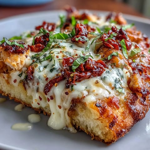 Close-up of Marry Me Chicken Pizza with creamy chicken, sun-dried tomatoes, and melted mozzarella on a golden crust, served hot.