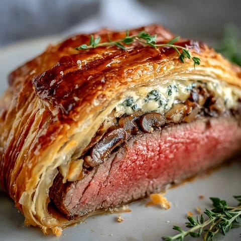 Golden, flaky puff pastry encases a tender beef fillet for a classic Beef Wellington. 