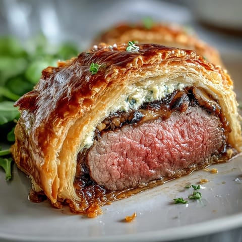 Sliced Beef Wellington reveals pink, juicy beef with mushroom duxelles on a rustic wooden board. 