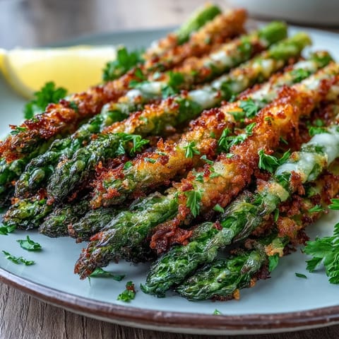 Crispy Asparagus Asiago Spears baked until golden, garnished with parsley and served with lemon wedges on a rustic plate.  