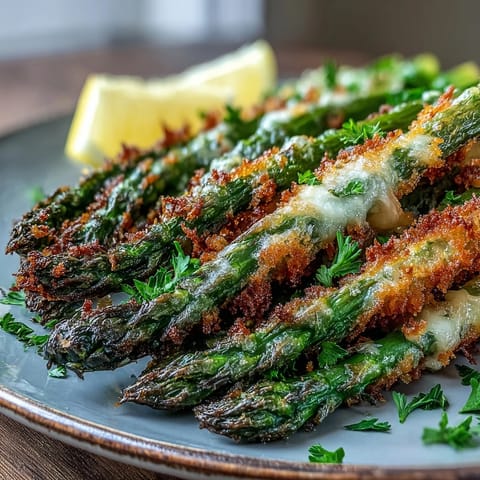 Fresh asparagus spears coated in a crunchy panko and Asiago crust, ready to dip in creamy lemon-garlic sauce.  