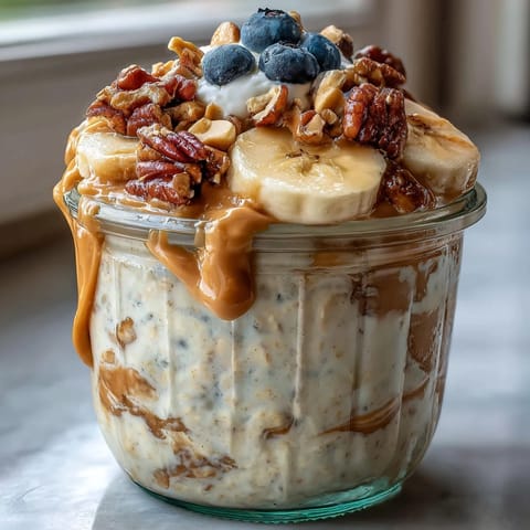 A close-up of High-Protein Peanut Butter Overnight Oats topped with fresh blueberries and chopped roasted peanuts for breakfast.