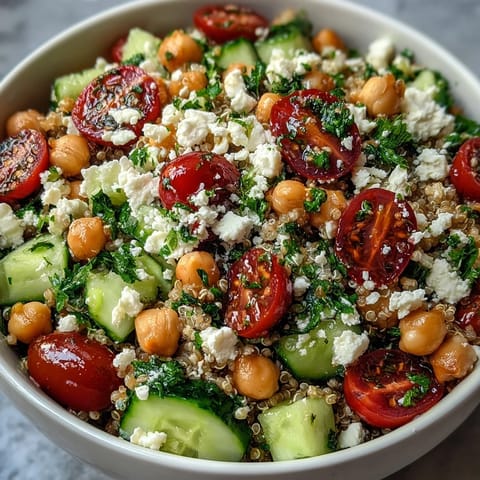 Freshly tossed High Protein Quinoa & Chickpea Salad topped with crumbled feta, parsley, and lemon dressing.