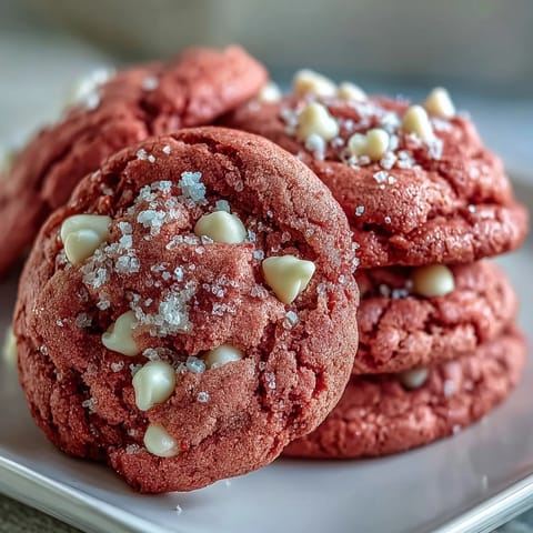 Stack of soft Pink Velvet Cookies with vibrant pink hues and melted white chocolate chips, perfect with milk.