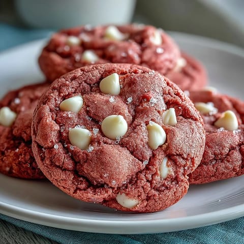 Freshly baked Pink Velvet Cookies with creamy white chocolate chips on a cooling rack, warm from the oven.