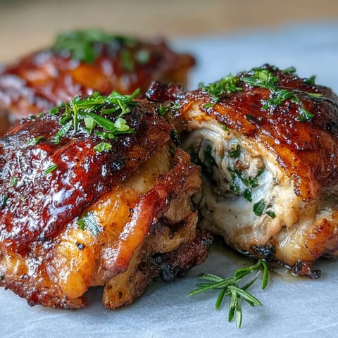 Golden-brown Crispy Baked Bone-In Chicken Thighs glisten on a platter, showcasing crackling skin and succulent dark meat served with lemon wedges.