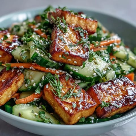 Vibrant creamy Asian cucumber salad with crispy tofu, topped with sesame seeds and green onions for a fresh lunch.
