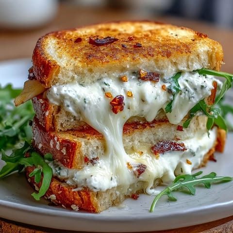 Fresh thyme garnishes this warm Goat Cheese Grilled Cheese with Honey & Chili Flakes, served with honey drizzle.