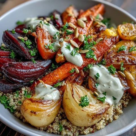 Roasted Root Vegetable Bowl with golden, caramelized vegetables over fluffy quinoa and creamy tahini drizzle.
