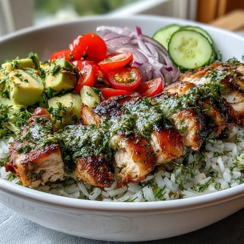A vibrant, top-down view of a Chimichurri Chicken Bowl, featuring colorful fresh vegetables like red onion and cucumber mixed with rice and topped with a generous drizzle of herbaceous green sauce. 