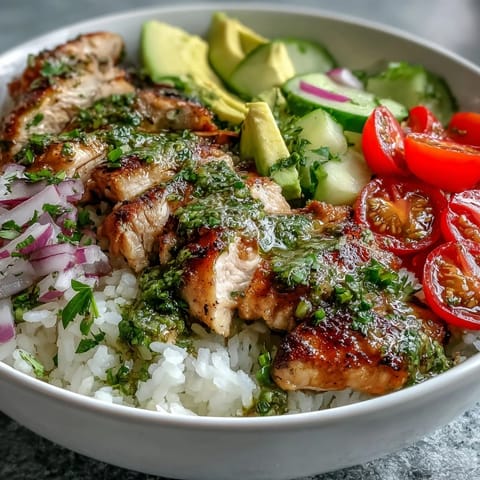 Close-up of a sizzling Chimichurri Chicken Bowl, showcasing juicy marinated chicken thighs alongside fluffy white rice, halved cherry tomatoes, diced cucumber, and sliced avocado. 