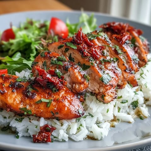 Juicy marinated chicken slices rest on fluffy white rice, with cherry tomatoes and crisp greens for a vibrant Sun-Dried Tomato Chicken Bowl.