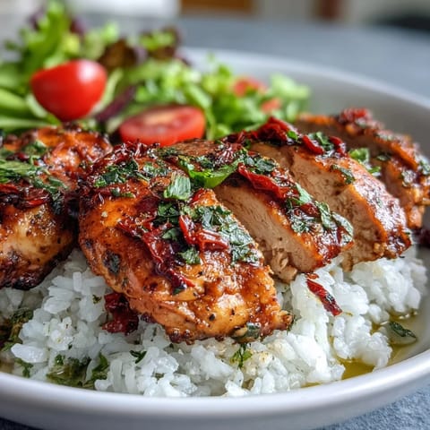 Sliced grilled chicken crowns a wholesome bowl of rice and arugula, highlighting the Mediterranean flavors of the Sun-Dried Tomato Chicken Bowl.