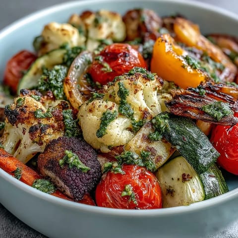 Brightly colored roasted vegetables, including red peppers and purple cauliflower, sit atop fluffy brown rice in a vegan Rainbow Roasted Vegetable Bowl. A vibrant green herb sauce is drizzled over the top.