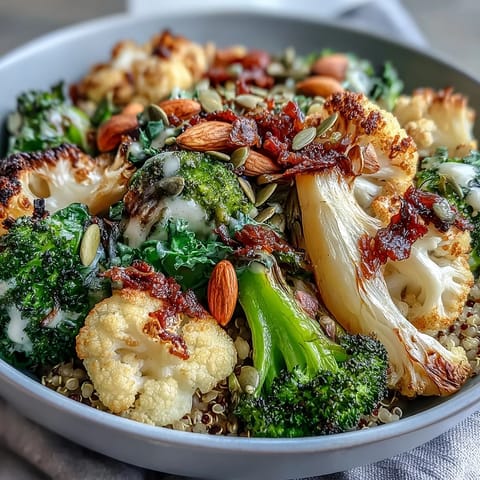 Golden roasted broccoli, cauliflower, and Brussels sprouts from the Roasted Brassica Bowl sit over fluffy quinoa with a lemony tahini drizzle. Toasted pumpkin seeds add a satisfying crunch to this vibrant vegan dinner.