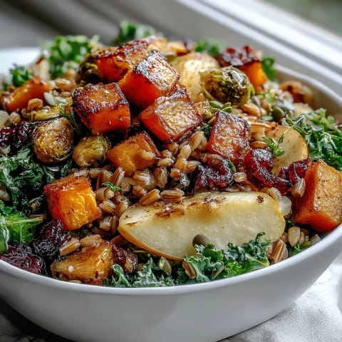 Golden roasted butternut squash and Brussels sprouts top a warm bowl of farro with kale and apples.