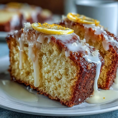 A golden pound cake slice drizzled with tangy lemon glaze and fresh zest on top.