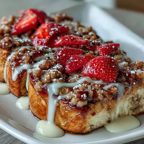 Baked strawberry French toast casserole with golden topping and fresh berries for a festive spring brunch.